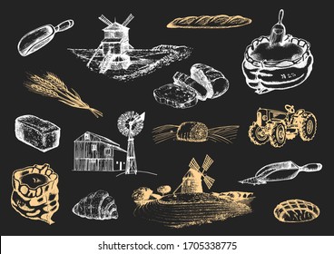 Wind mills, barn and bread production elements, vintage illustrations in vector. Bakery and pastry goods, hand drawn set  in engraving style. Rural life and farm environment, sketches collection.