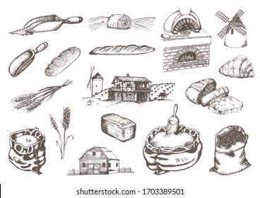 Wind mills, barns and bread production elements, vintage illustrations in vector. Bakery and pastry goods, hand drawn set  in engraving style. Rural life and farm environment, sketches collection.