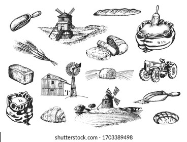 Wind mills and bread production, vintage illustrations in vector. Bakery and pastry goods, hand drawn set  in engraving style. Rural life and farm environment, sketches collection.