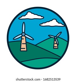 molinos eólicos y nubes línea y estilo de relleno diseño de icono, paisaje natural Tierra eco ecología conservación medio ambiente y tema exterior Ilustración vectorial