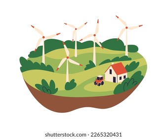 Wind mills, turbines, electric power generators farm. Eco sustainable alternative renewable electricity resource, generation. Windpower. Flat vector illustration isolated on white background