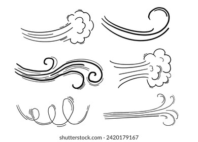 Wind motion doodle line swirl hand drawn steam weather blow isolated on white background. Atmosphere action element.