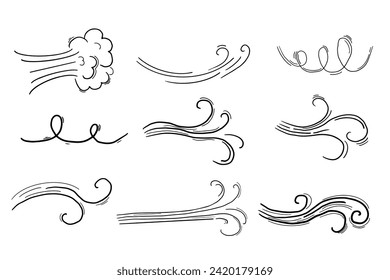 Wind motion doodle line swirl hand drawn steam weather blow isolated on white background. Atmosphere action element.