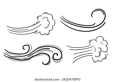 Wind motion doodle line swirl hand drawn steam weather blow isolated on white background. Atmosphere action element.