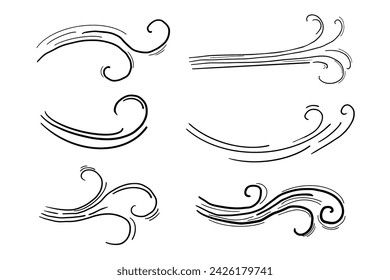 Wind motion doodle line swirl hand drawn steam weather blow isolated on white background. Atmosphere action element.
