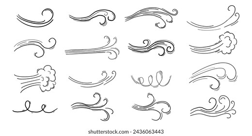 Wind motion doodle line swirl hand drawn steam weather blow isolated on white background. Atmosphere action element.