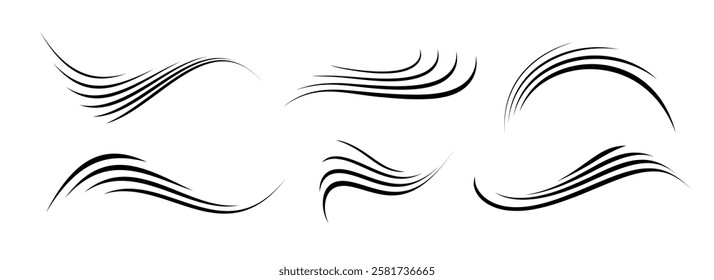 Wind motion line set. Flowing waves collection. Blowing hurricane, breeze or storm lines concept. Black swirls, curves and spirals bundle. Air movement and gust symbol pack. Vector