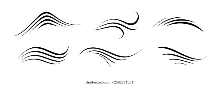 Wind motion line set. Flowing waves collection. Blowing hurricane, breeze or storm lines concept. Black swirls, curves and spirals bundle. Air movement and gust symbol pack. Vector illustration 