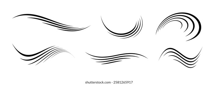 Wind motion lines set. Flowing waves collection. Blowing hurricane, breeze or storm line concept. Black swirls, curves and spirals bundle. Air movement and gust symbols pack. Vector