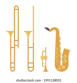 Wind musical instrument, brass and woodwind set. Saxophone, yellow trumpet, bright trombone for band, orchestra, festival, jazz party. Vector flat style cartoon illustration isolated, white background