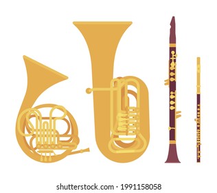 Wind musical instrument, brass and woodwind set. French Horn, tuba, clarinet, flute for band, orchestra, festival, jazz party. Vector flat style cartoon illustration isolated, white background