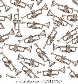 Wind musical instrument seamless pattern or trumpet. Trombone and sax for orchestra musicians, jazz melody. Performance or concert, classic tube. Monochrome sketch outline, vector in flat style