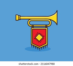 Wind musical instrument, trumpet with red decorative banner. Toy or real object used in schools and lessons. Special occasion, royal ceremonies and celebration. Isolated icon, vector illustration