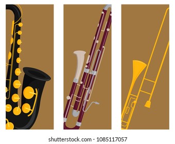Wind musical instruments cards tools acoustic musician equipment orchestra vector illustration