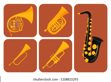 Wind musical instruments cards tools acoustic musician equipment orchestra vector illustration