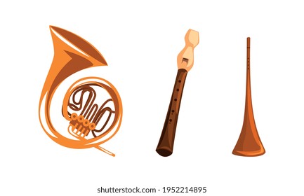 Wind Musical Instruments with Horn and Flute Vector Set