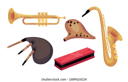 Wind Musical Instruments Isolated on White Background Vector Set