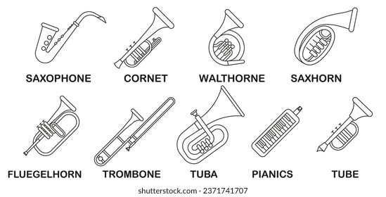 Wind musical instruments with the name in a thin line. Set of wind musical instruments. EPS 10.