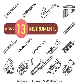 Wind musical instruments with the name in a thin line. Set of wind musical instruments. EPS 10.