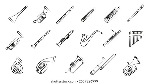 Wind musical instruments with the name in a thin line. Set of wind musical instruments. EPS 10.