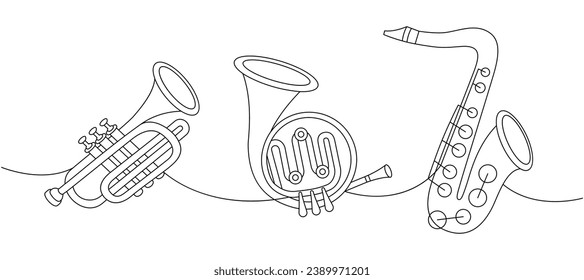 Instrumentos musicales eólicos de una línea de dibujo continuo. Tuba, trompeta, cuerno francés, ilustración saxofónica continua de una línea.