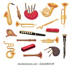 Blasmusikalische Instrumentenset. Bagpipe, Saxophon, Flöte, Klarinette, Harmonica, Trompetencartografik, Vektorgrafik