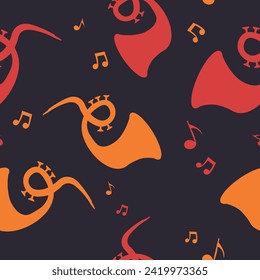 Wind musical instruments and sound notes. Saxophone and melody, concert or performance of jazz music genre, festival or show. Seamless pattern or background, print wallpaper. Vector in flat style