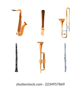 Wind Musical Instruments with Tenor Saxophone, Trombone, Trumpet, Clarinet and Flute Vector Set