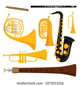 Wind musical instruments tools acoustic musician equipment orchestra vector illustration