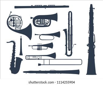 Wind musical instruments tools acoustic musician equipment orchestra vector illustration