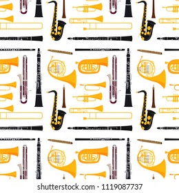 Wind musical instruments tools acoustic musician equipment orchestra seamless pattern background vector illustration