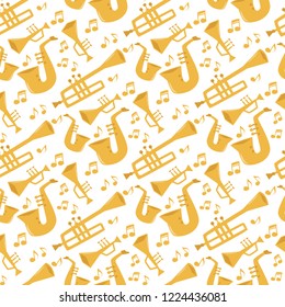 Wind musical instruments tools acoustic musician equipment orchestra seamless pattern background vector illustration