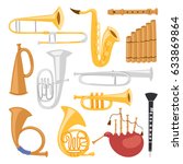 Wind musical instruments tools isolated on white background acoustic musician equipment orchestra aerophone brass vector illustration