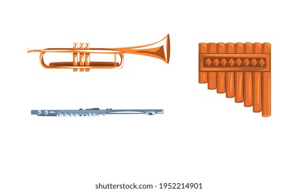 Wind Musical Instruments with Trumpet and Flute Vector Set