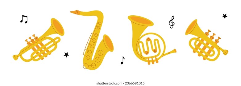 Wind musical instruments. Tuba, trumpet, french horn, saxophone. Vector illustration.