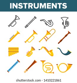 Wind Musical Instruments Vector Color Icons Set. Trumpet, Saxophone Acoustic Instruments Linear Symbols Pack. Jazz Symphony Orchestra, Blues Band. Golden Horn, Pipe, Flute Isolated Flat Illustrations