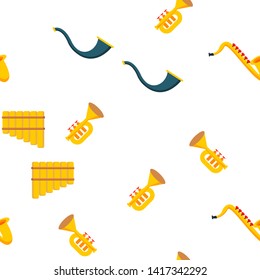 Wind Musical Instruments Vector Color Icons Seamless Pattern. Trumpet, Saxophone Acoustic Instruments Linear Symbols Pack. Jazz Symphony Orchestra, Blues Band. Golden Horn, Pipe Illustrations