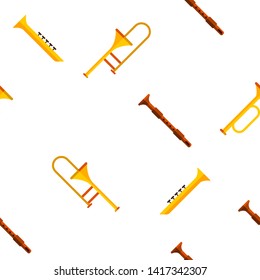 Wind Musical Instruments Vector Color Icons Seamless Pattern. Trumpet, Saxophone Acoustic Instruments Linear Symbols Pack. Jazz Symphony Orchestra, Blues Band. Golden Horn, Pipe Illustrations