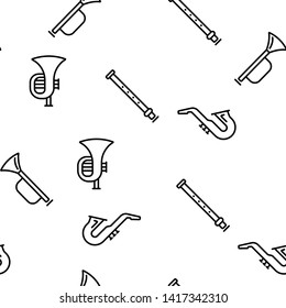 Wind Musical Instruments Vector Color Icons Seamless Pattern. Trumpet, Saxophone Acoustic Instruments Linear Symbols Pack. Jazz Symphony Orchestra, Blues Band. Golden Horn, Pipe Illustrations