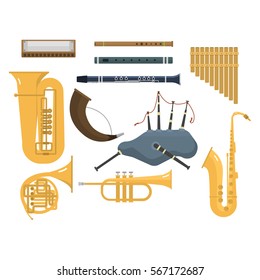 Wind musical instruments vector set orchestra brass music instrument band flute trumpet trombone bagpipe isolated on white background.