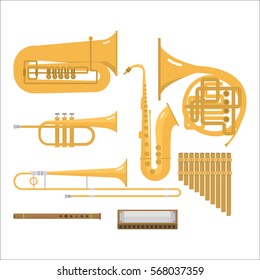 Wind musical instruments vector set orchestra brass music instrument band flute trumpet trombone bagpipe isolated on white background.