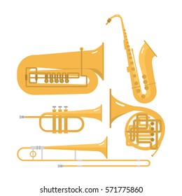 Wind musical instruments vector set orchestra brass music instrument band flute trumpet trombone isolated on white background.