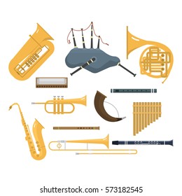 Wind musical instruments vector set orchestra brass music instrument band flute trumpet trombone bagpipe isolated on white background.
