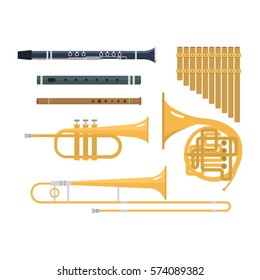 Wind musical instruments vector set orchestra brass music instrument band flute trumpet trombone isolated on white background.