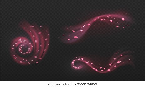 Wind with petals set. Sakura leaves and foliage in windstreams. Ecology, nature and environment. Japanese fresh air flow. Realistic vector collection isolated on transparent background