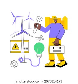 Wind Power Abstract Concept Vector Illustration. Renewable Energy, Green Electricity Supply, Wind Turbine, Power Generator, Solar Panels, Renewable Source, Engineer Worker Abstract Metaphor.