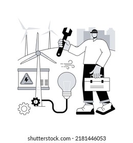 Wind Power Abstract Concept Vector Illustration. Renewable Energy, Green Electricity Supply, Wind Turbine, Power Generator, Solar Panels, Renewable Source, Engineer Worker Abstract Metaphor.