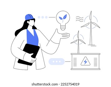 Wind power abstract concept vector illustration. Renewable energy, green electricity supply, wind turbine, power generator, solar panels, renewable source, engineer worker abstract metaphor.