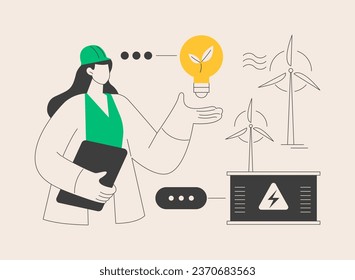 Wind power abstract concept vector illustration. Renewable energy, green electricity supply, wind turbine, power generator, solar panels, renewable source, engineer worker abstract metaphor.