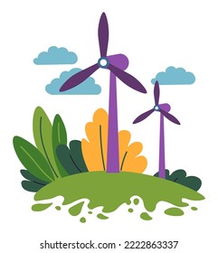 Wind power accumulation of energy, renewable and alternative nature resources. Field with turbines producing electricity. Ecologically friendly means and environmental awareness. Vector in flat style